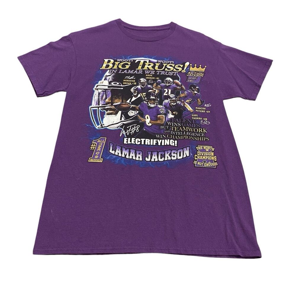 Men’s Lamar Jackson Baltimore Ravens NFL Football Tee Shirt Top Big Truss S